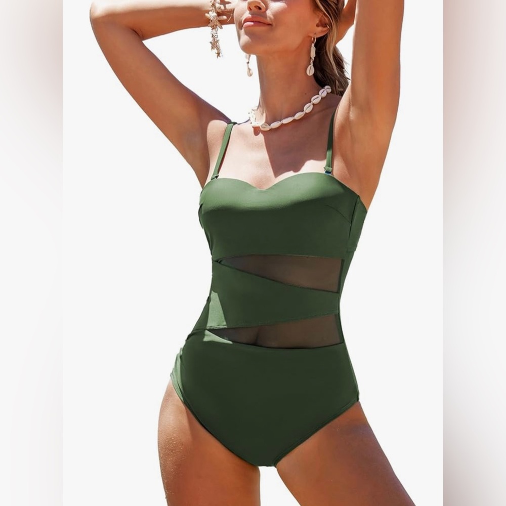 Cupshe New with tag Dark Green One Piece Swimsuit Mesh Cut Outs Size L Beach Sun
